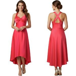 CALVIN KLEIN Red Satin Midi Cocktail Dress Sz 10 Sweetheart High Low X Back